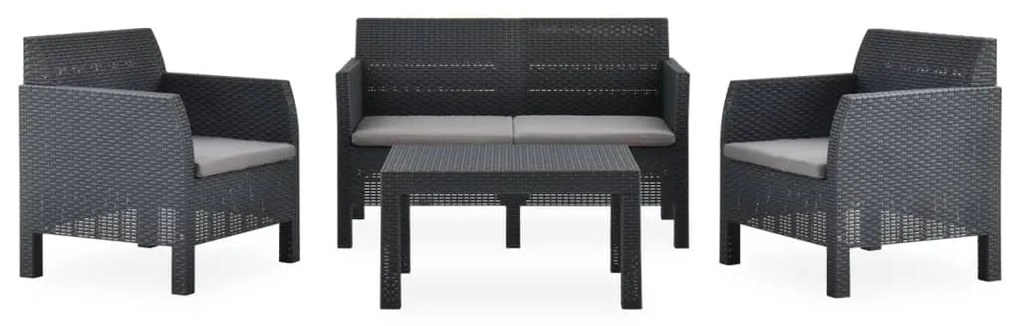 4 pcs conjunto lounge jardim com almofadões vime PP antracite