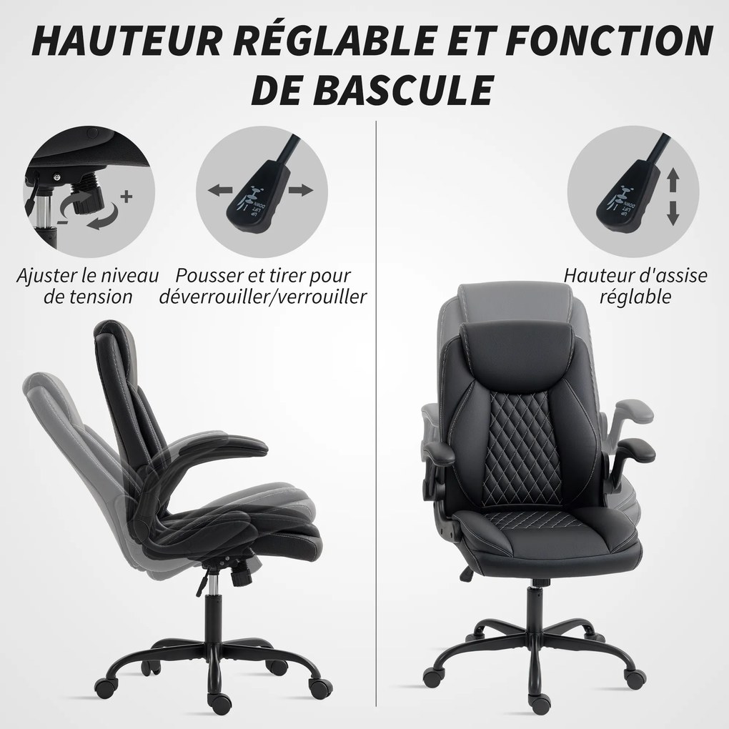 Cadeira de escritório, cadeira ergonómica com braços rebatíveis, altura ajustável, função de balanço, preta