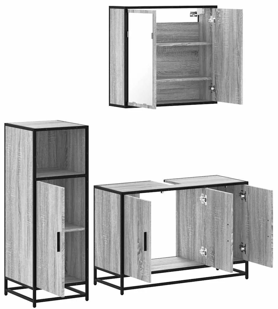 3 pcs Conjunto móveis casa de banho madeira proc. cinza sonoma