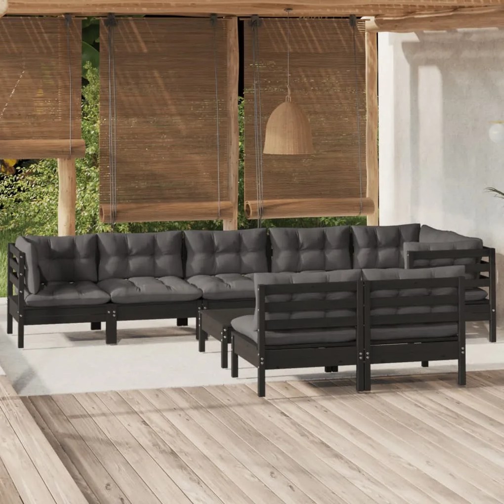 vidaXL 9 pcs conjunto lounge jardim c/ almofadões pinho maciço preto