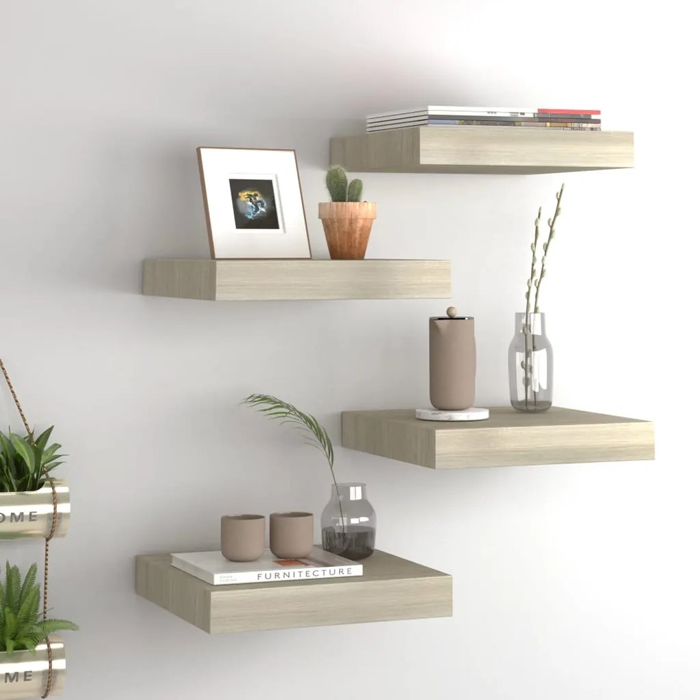 323867 vidaXL Prateleiras de parede suspensas 4 pcs 23x23,5x3,8cm MDF carvalho