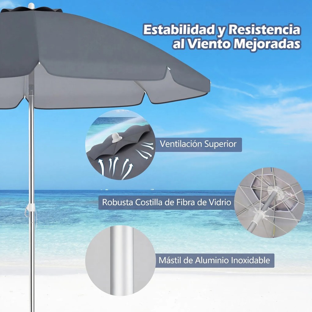 Guarda-sol de praia portátil 178 x 206 cm com inclinação ajustável e bolsa de transporte para jardim, pátio e exterior Cinzento