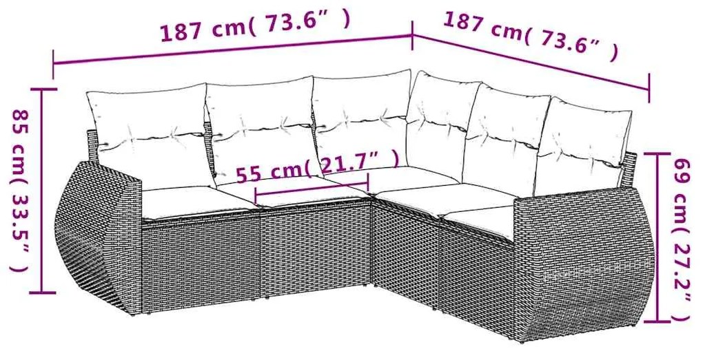 5 pcs conj. sofás jardim c/ almofadões vime PE cinzento-claro