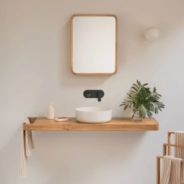 Conjunto De Móvel De Casa De Banho 130x45 Cm Suspenso Em Madeira De Teca Neill Madeira De Teca & Cerâmica Redonda Branca Ø40 Cm Lenka & Preto Mate Emb