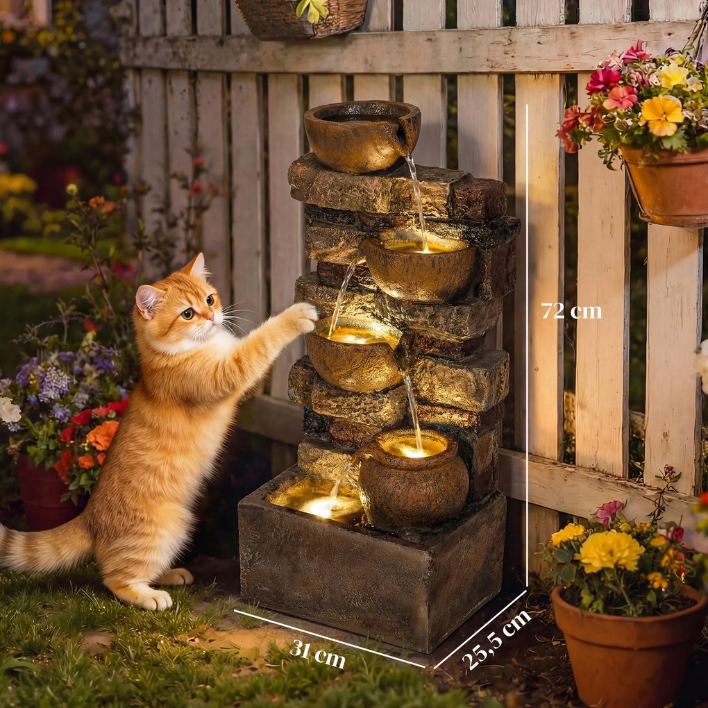 Fonte de Jardim com Iluminação LED e Bomba, Fonte Decorativa em Cascata de 5 Níveis, Fluxo Ajustável, Castanho Rústico