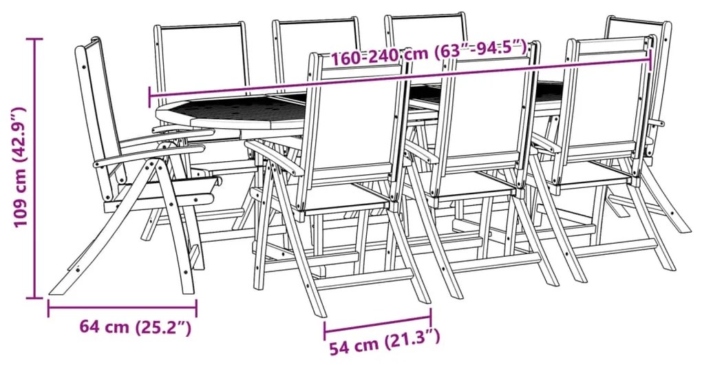 9 pcs conjunto de jantar para jardim acácia maciça e textilene