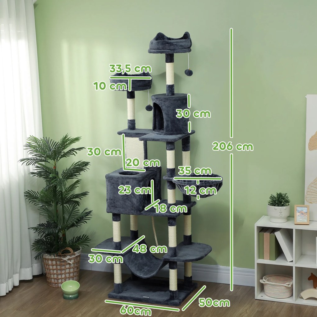 Arranhador para Gatos Grande 60x50x206 cm Torre para Gatos com Plataformas Caverna Bolas Suspensa e Rede Cinza Escuro