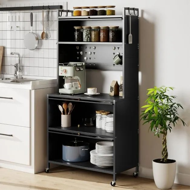 Armário de cozinha 80 x 40 x 160 cm de 5 níveis com suporte para micro-ondas com portas Armário para despensa com rodas Cinzento