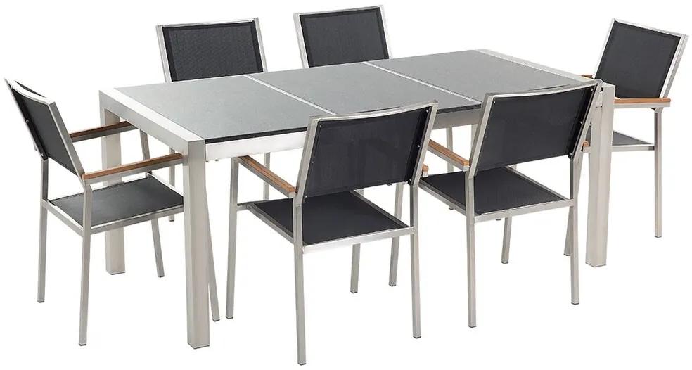 Conjunto de mesa com tampo triplo granito polido cinzento 180 x 90 cm e 6 cadeiras pretas GROSSETO Beliani