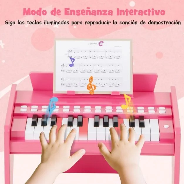 Teclado de piano para crianças 38 x 23 x 27 cm com 25 teclas digital em madeira com velocidade e volume ajustáveis Modo de ensino Rosa