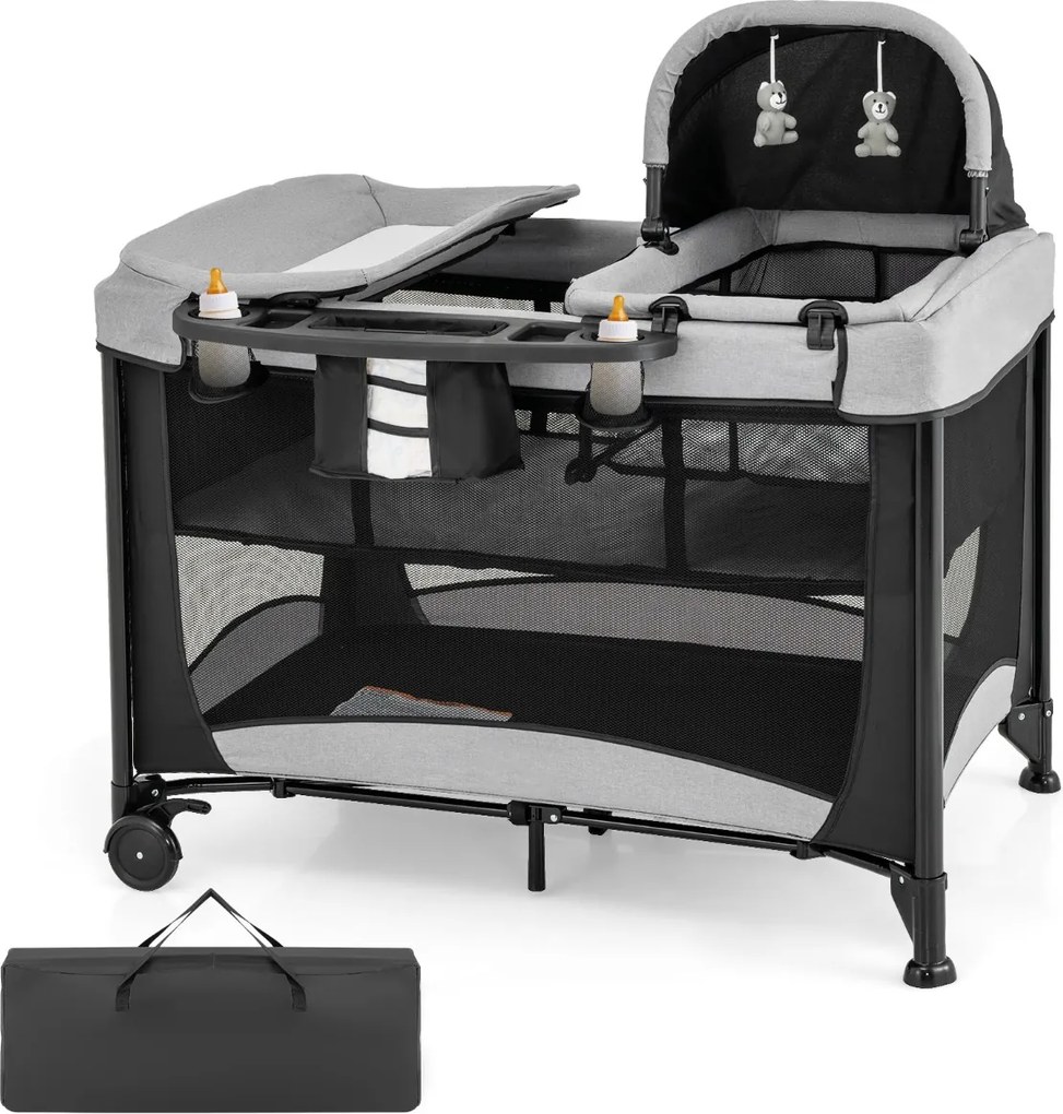 Centro de actividades para bebés 5 em 1 portátil com muda de fraldas Colchão amovível 2 rodas 110 x 78 x 84 cm Preto