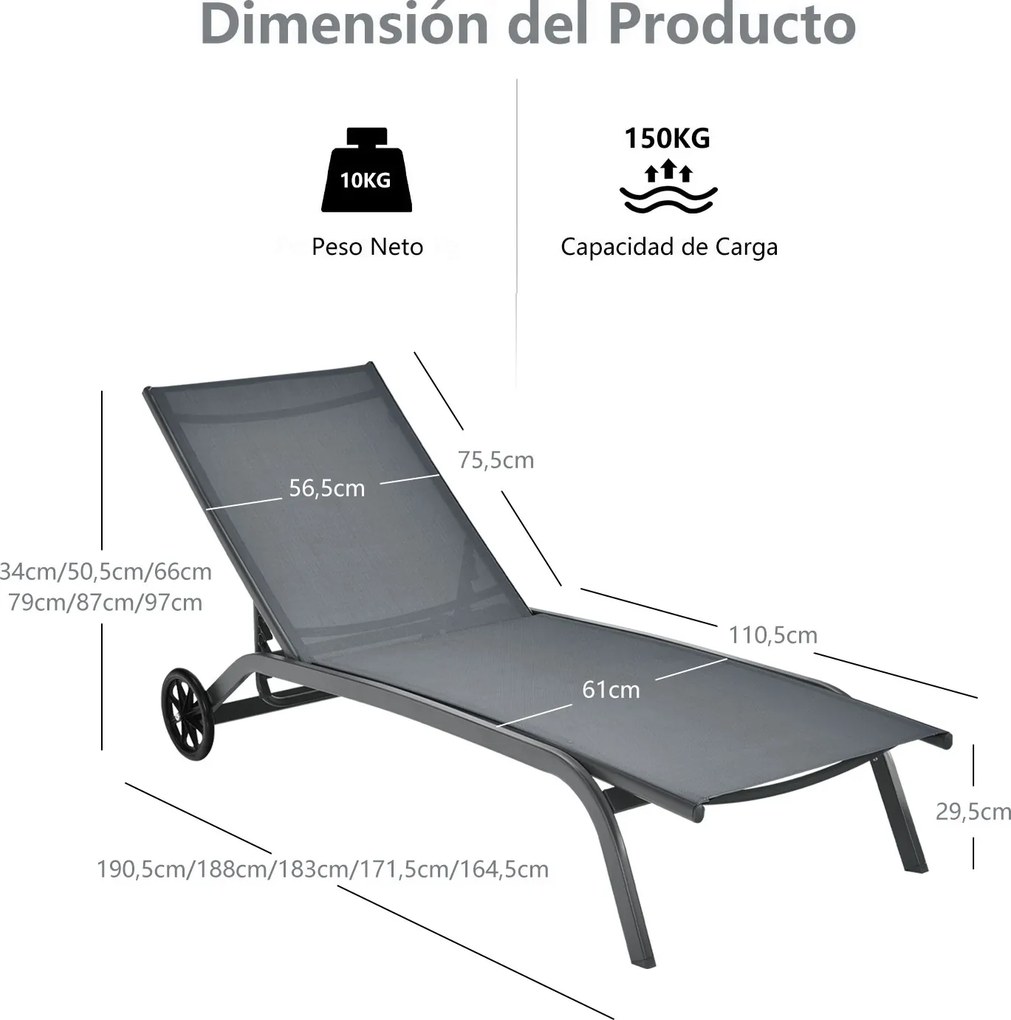 Conjunto de 2 espreguiçadeiras com rodas, tecido de secagem rápida e encosto reclinável em 6 posições, para exterior, piscina, pátio e jardim, cinzent