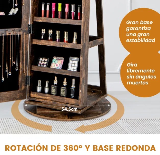 Espelho Guarda Joias rotativos 360° com luzes LED Espelho de corpo inteiro Com Estante 54,5 x 161 cm Castanho Escuro