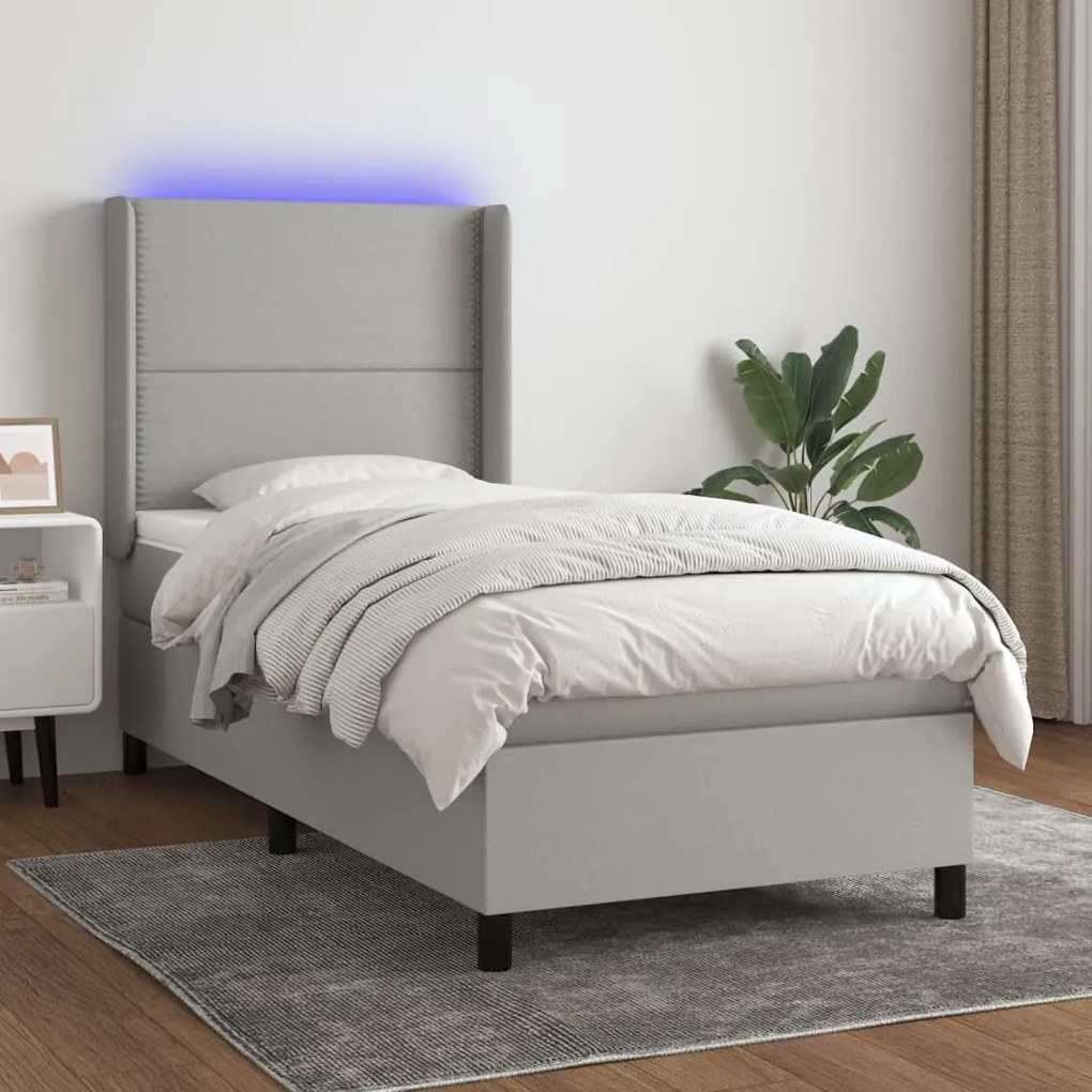 Cama box spring c/ colchão e LED 100x200 cm tecido cinza-claro