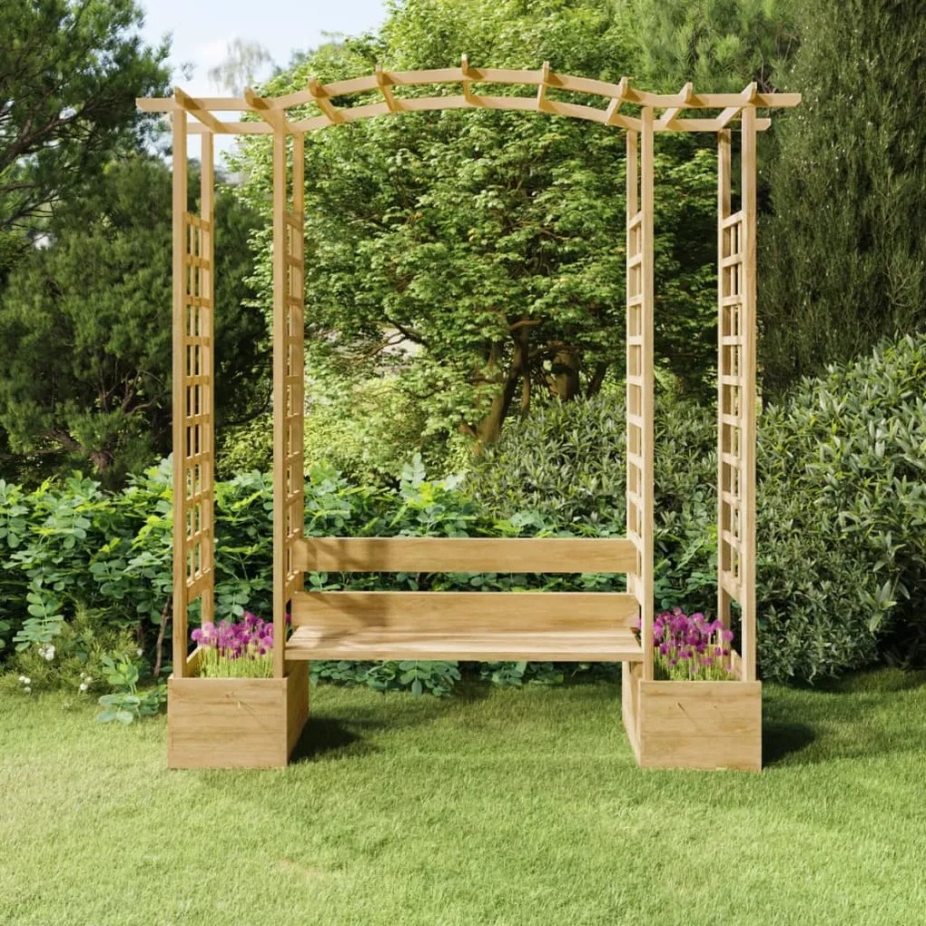 318566 vidaXL Pérgola de jardim com banco e vasos pinho maciço impregnado