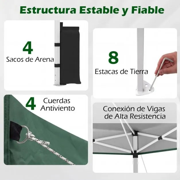 Tenda dobrável 3x3 m com 4 x Sacos de areia de montagem instantânea com 1 botão campismo, feiras, eventos e Saco com rodas Verde