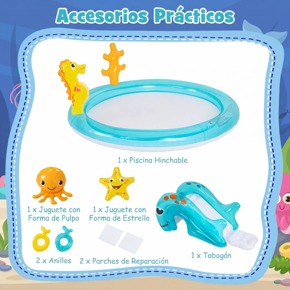 Piscina insuflável 207 x 168 x 77 cm infantil com escorrega, pulverizador, cavalo-marinho e conjunto de aros com tema marítimo para crianças dos 2 aos