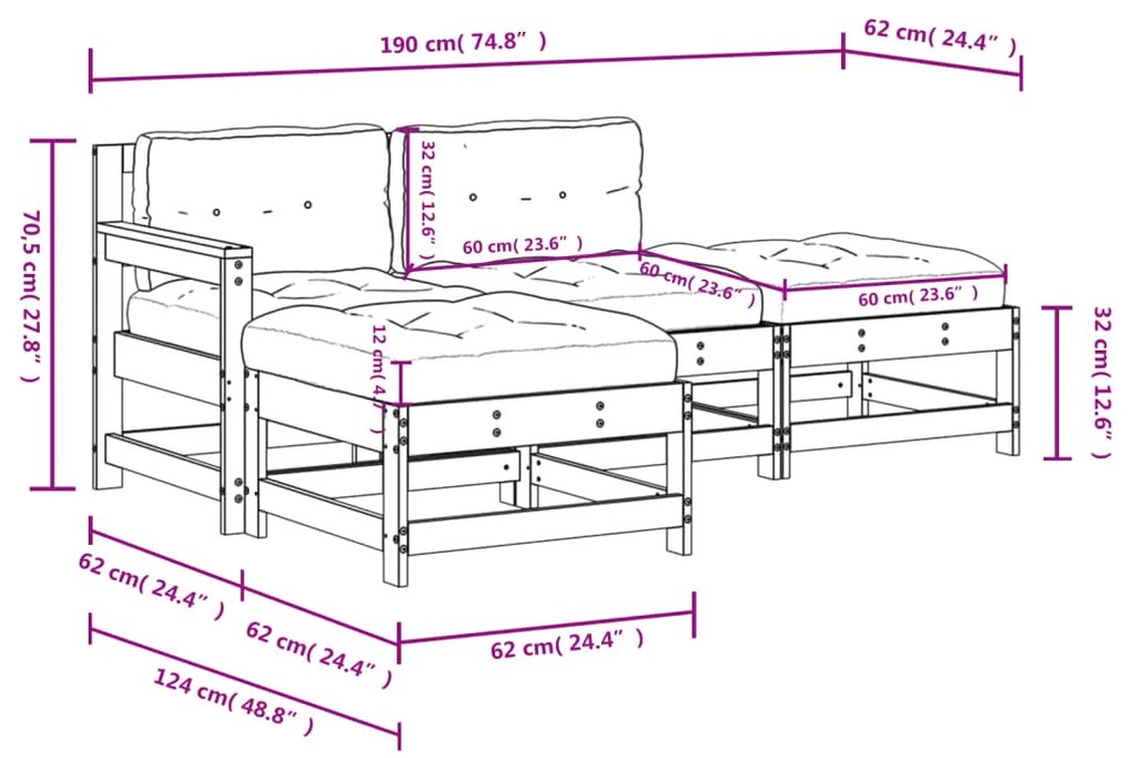 4 pcs conjunto lounge jardim com almofadões madeira maciça