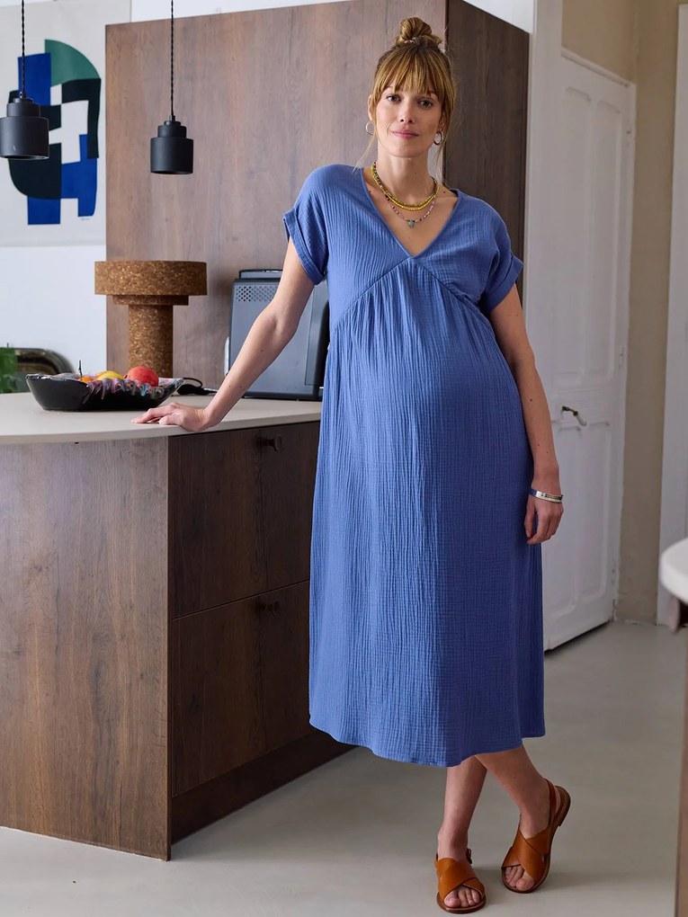 Vestido comprido de gravidez e amamentação azul-acinzentado