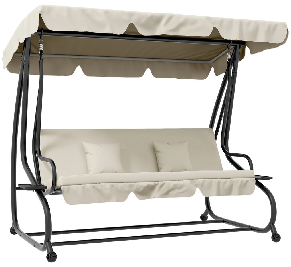 Outsunny Banco Baloiço de Jardim 3 Lugares Convertível em Cama com Toldo Ajustável e 2 Almofadas  200x120x164 cm Creme | Aosom Portugal