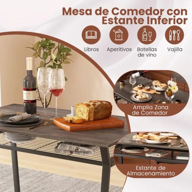 Conjunto de móveis de cozinha de 5 peças com mesa de jantar retangular industrial 4 cadeiras Estante para arrumação e estrutura metálica Cinzento