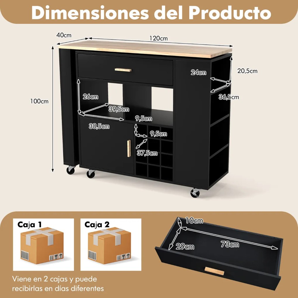 Carrinho de cozinha móvel 2 em 1 com garrafeira e Gaveta 120 x 40 x 100 cm Preto