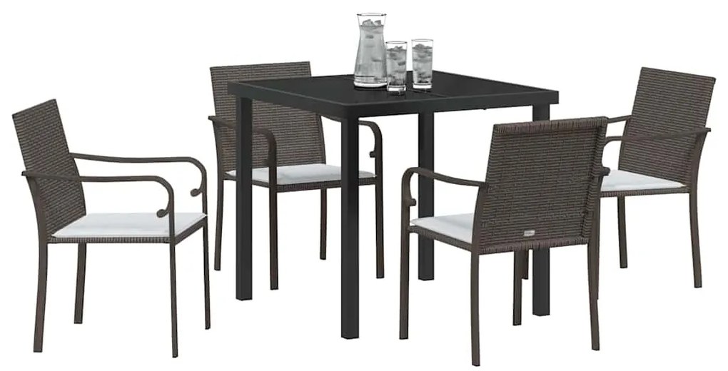 Conjunto de jantar de jardim com 5 peças e almofadas em vime marrom.