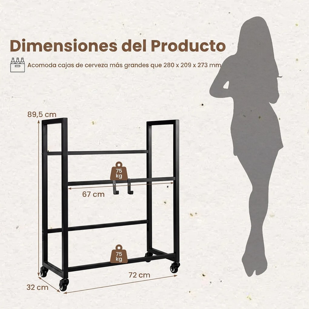 Estante para Caixas de Bebidas, 72,5 x 32 x 89,5 cm, 4 Rodas Giratórias, Preto