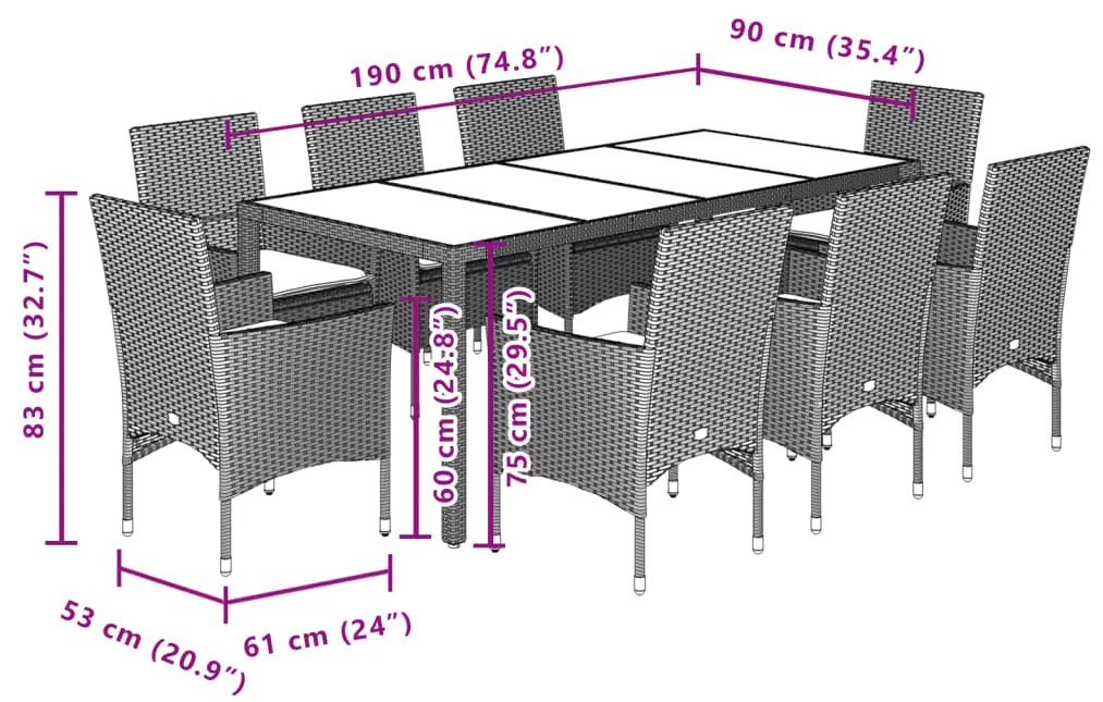 9 pcs conjunto jantar jardim c/ almofadões vime PE/acácia bege