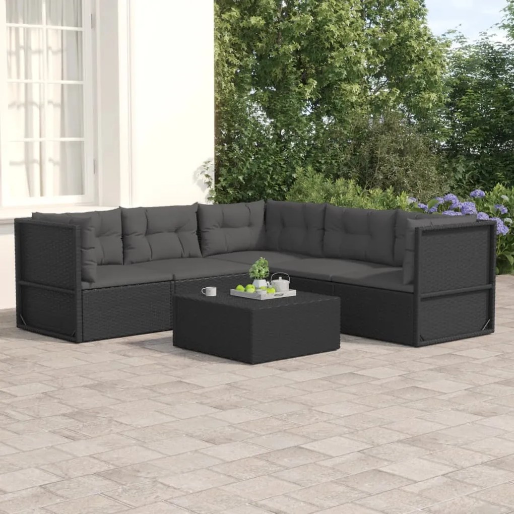vidaXL 5 pcs conjunto lounge de jardim c/ almofadões vime PE preto
