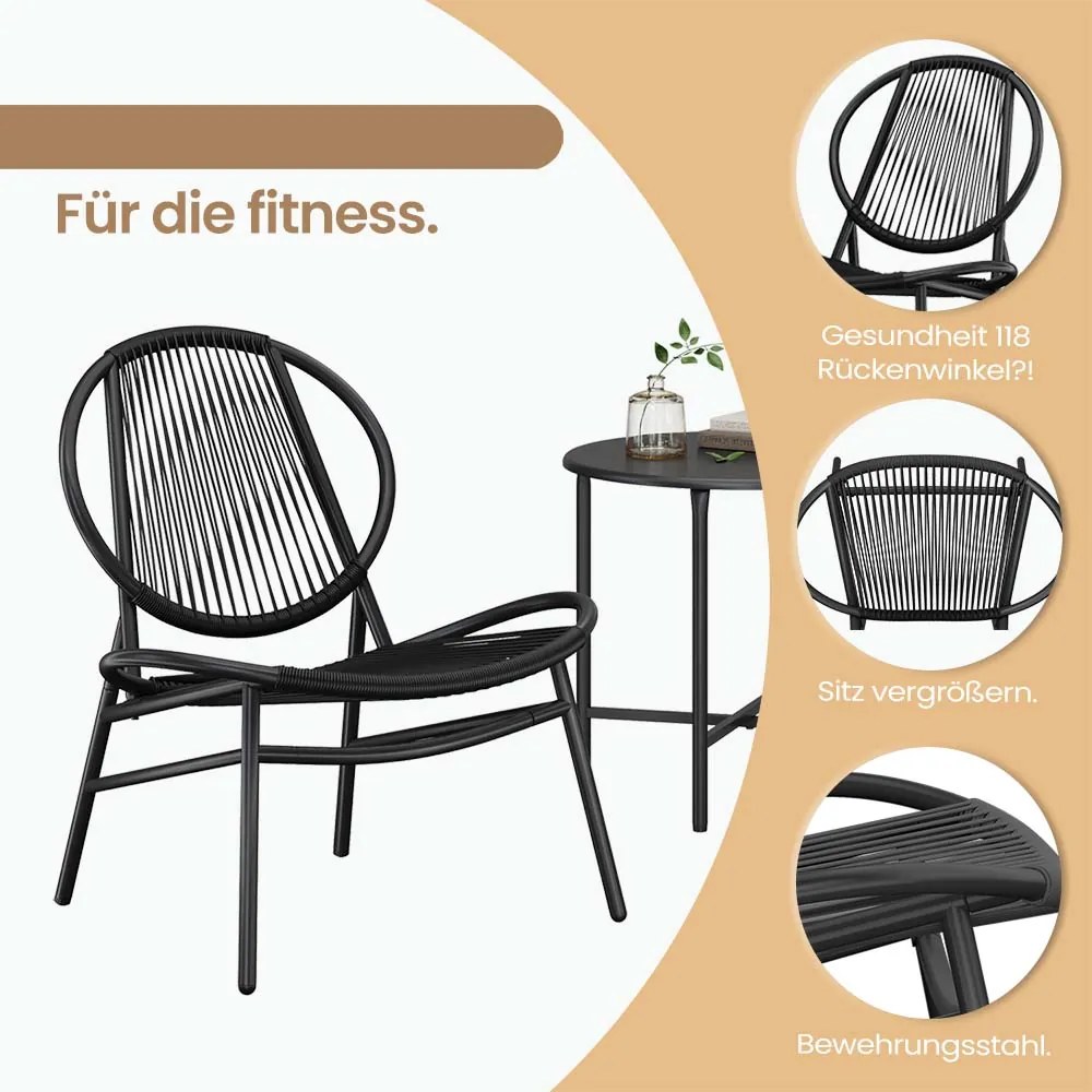 Conjunto de 3 móveis de varanda, conjunto de móveis de jardim com mesa e 2 cadeiras, Polyrattan PE Preto
