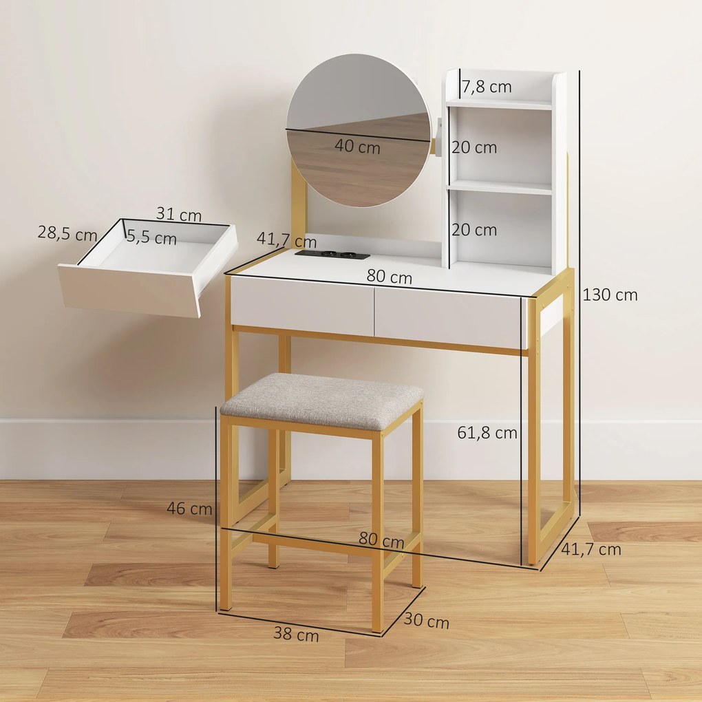 Toucador de Maquilhagem com Espelho e Banco Acolchoado Estação de Carregamento 2 Gavetas 3 Prateleiras para Quarto Branco