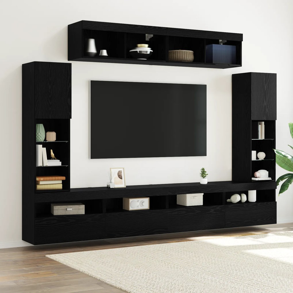 vidaXL Unidade de TV com 8 Peças e LED Carvalho Preto em Madeira Projetada