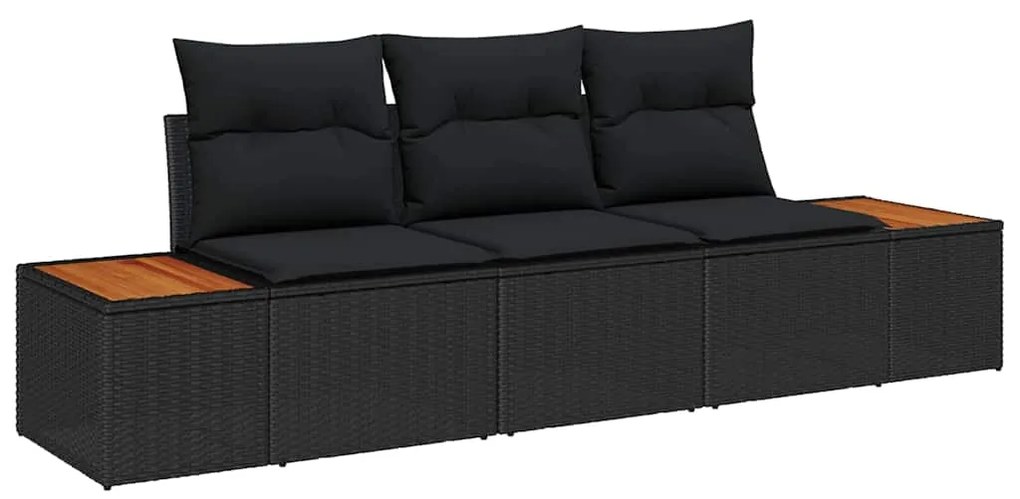 Conjunto de Sofá de Jardim 3 Peças com Almofadas Pretas em Rattan de P