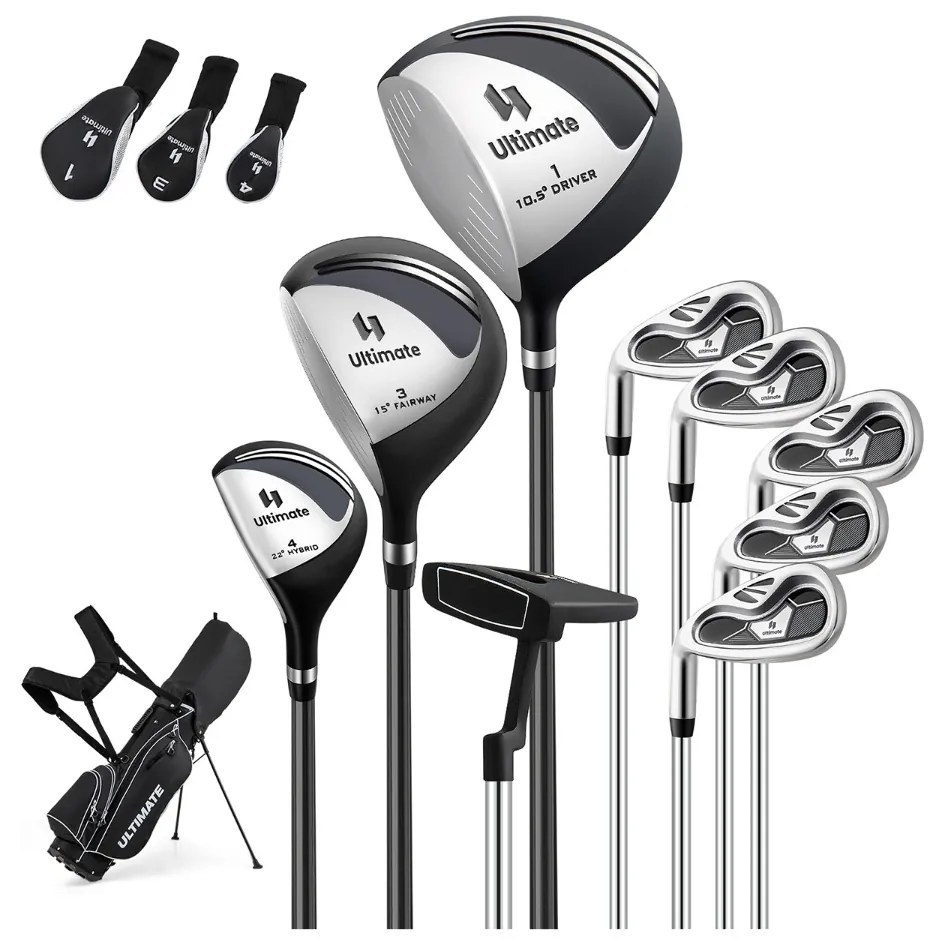 Conjunto de tacos de golfe para homens canhotos com bolsa e suporte #1 Driver #3 Fairway e #4 Híbrido com capas #6 7 8 9 #P Ferros e Putter Preto
