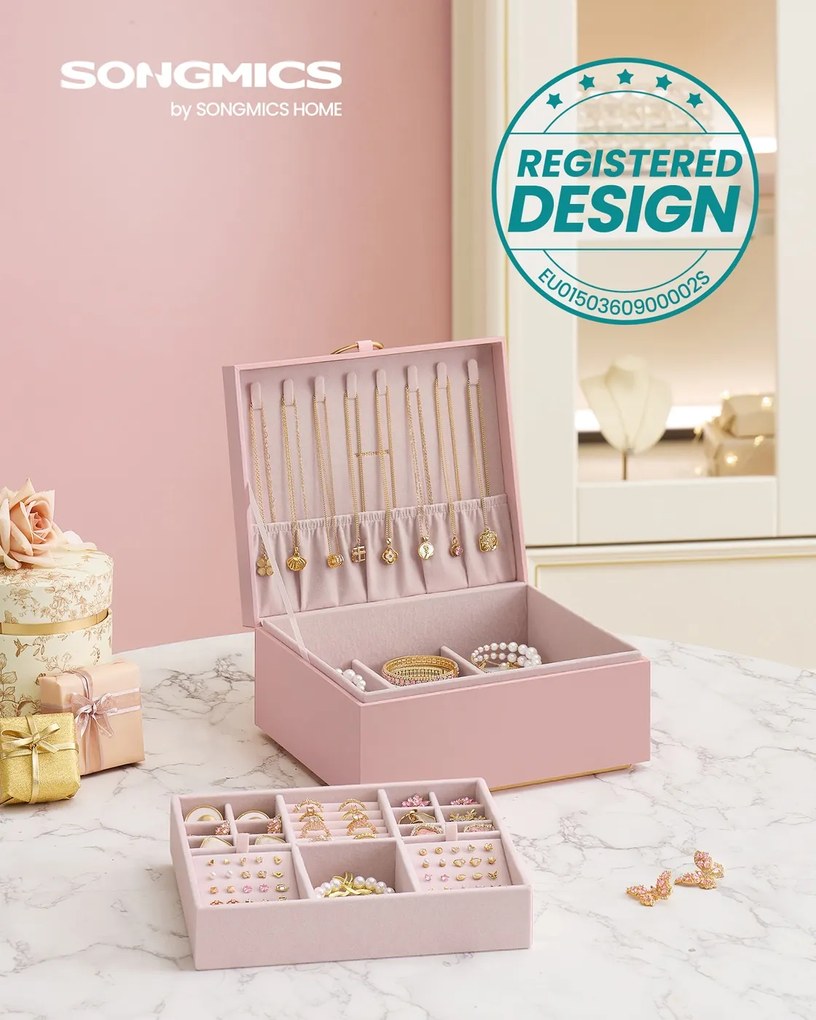 Caixa para joias 20,5 x 24 x 11 cm com pega e tabuleiro flexível rosa pastel