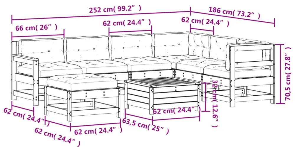 8 pcs conjunto lounge de jardim c/ almofadões pinho maciço