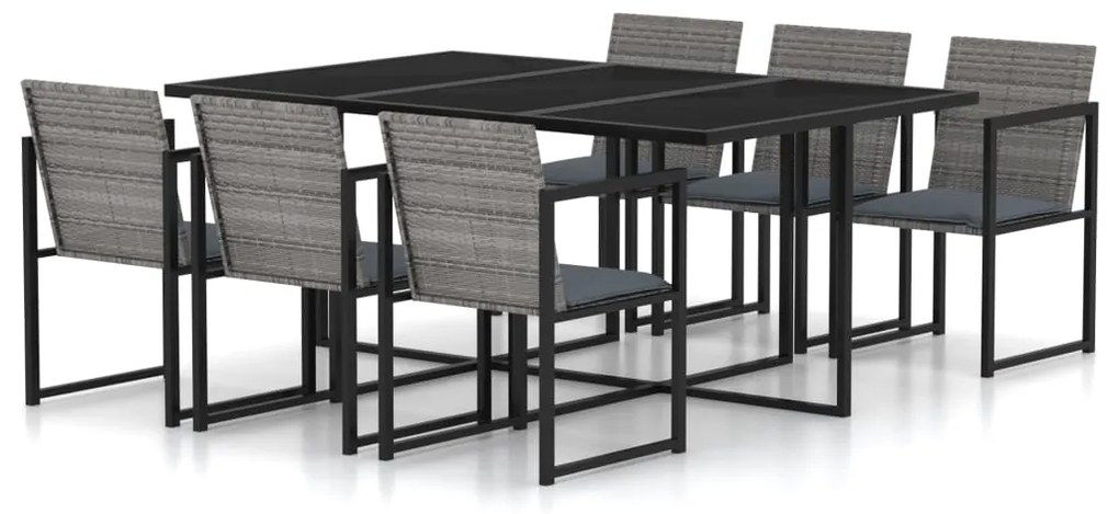 vidaXL 7 pcs conjunto jantar exterior com almofadões vime PE cinzento