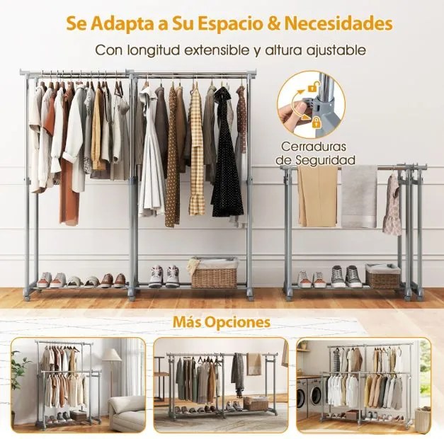 Cabideiro Duplo com Rodas, Altura Ajustável e Largura Extensível, Metal Resistente para closet, Lavandaria ou Sala 140-195 cm Cinza
