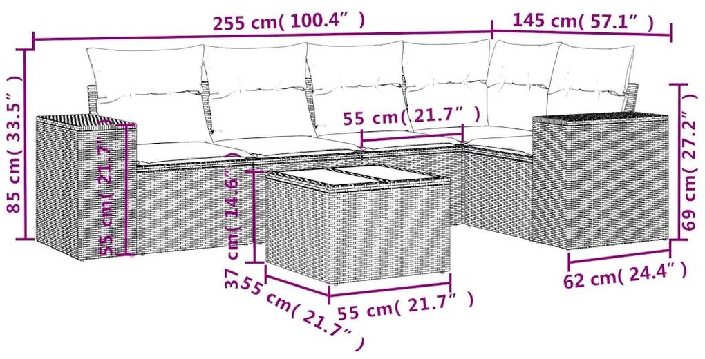 6 pcs conjunto de sofás jardim c/ almofadões vime PE castanho