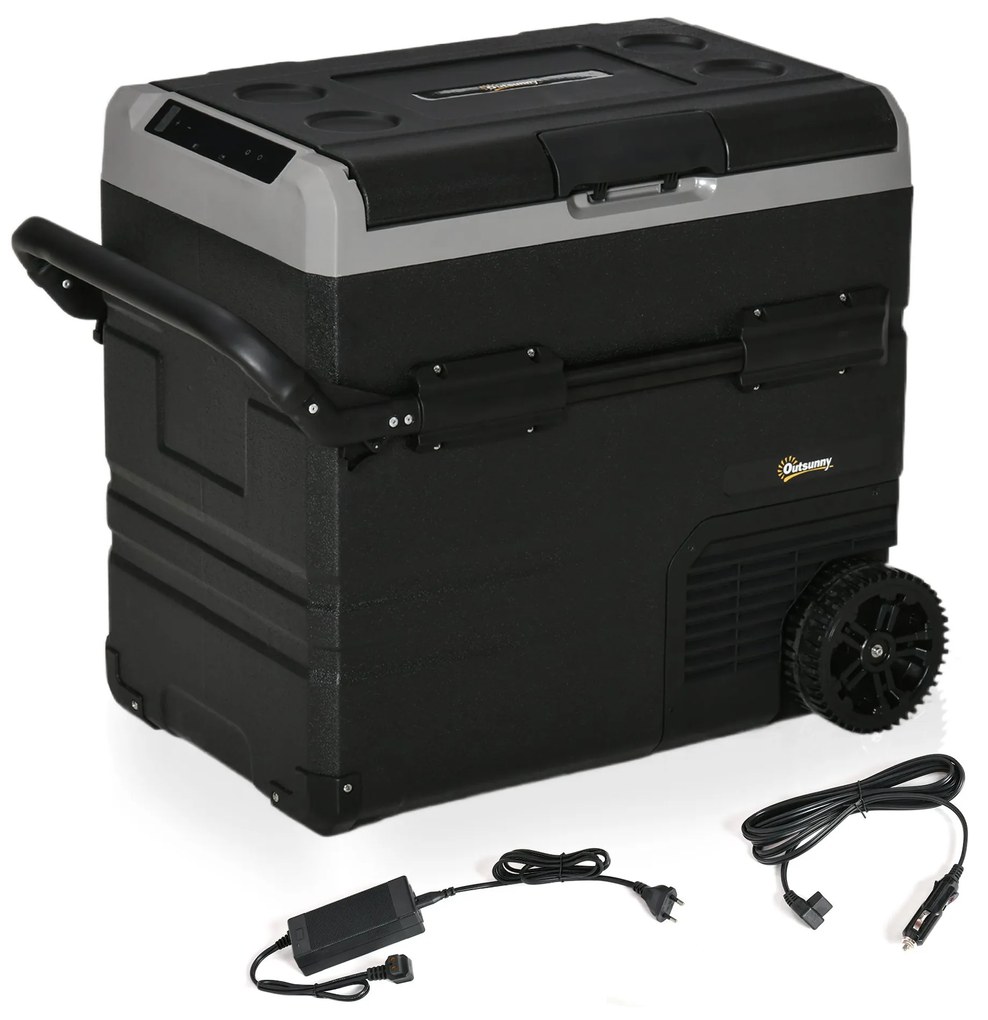 Frigorífico e Congelador de Compressor Portátil 45L Frigorífico de Carro CC 12V/24V Temperatura até -20℃ com Tela Tátil Alça Retrátil e Rodas 71,1x46x50,6cm Preto