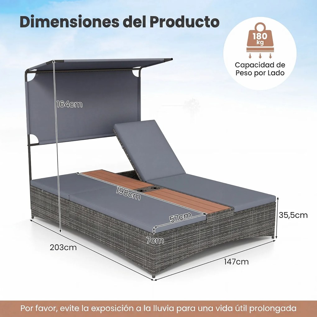 Espreguiçadeira Dupla de Jardim com Parasol, 203 x 147 x 164 cm, Encostos Ajustáveis em 5 Níveis, Cinzento