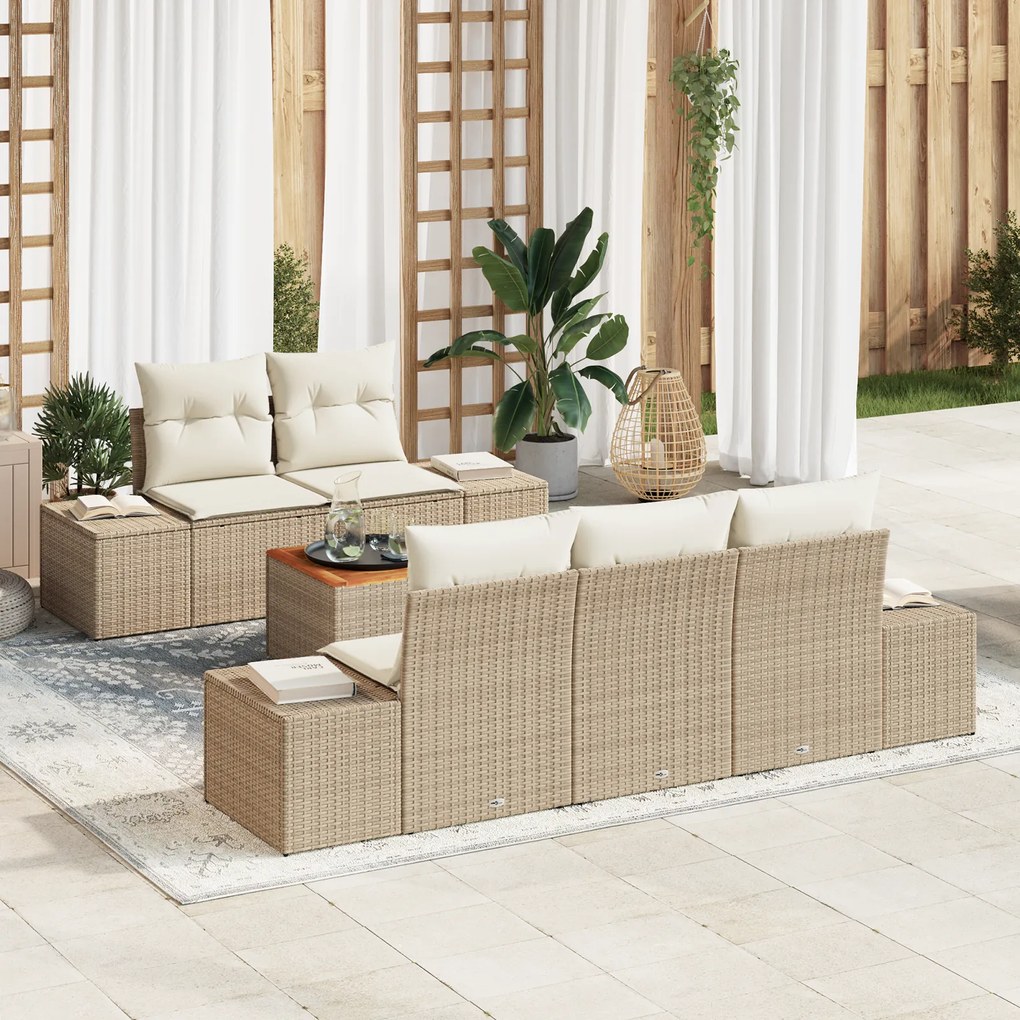 Conjunto de Sofá de 6 Peças para Jardim com Almofadas Bege Poliéster V