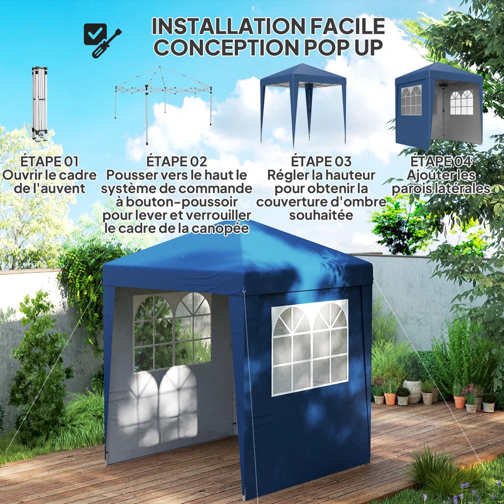 Tenda de jardim dobrável 202 C x 202 L x 261 A cm, ajustável em altura, com proteção UV 30+, 3 paredes laterais, azul