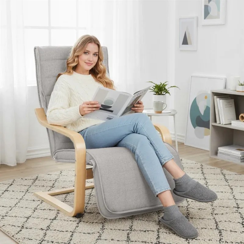 Poltrona Relax com Apoio para os Pés Ajustáveis Poltrona Estofada em Tecido com Estrutura de Madeira 66,5x94x100 cm Cinza Claro