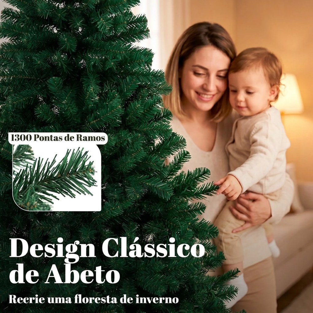 Árvore de Natal Abeto 230 cm com Ramos Articulados 1300 Pontas em PVC Ignífugo Montagem Rápida Base em Aço Ø125x230 cm Verde