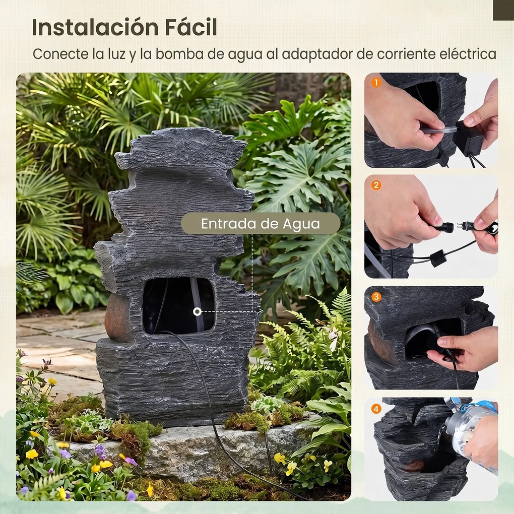 Fonte de Jardim em Cascata, 27 x 20,5 x 45,5 cm, Luzes LED Integradas, Cinzento
