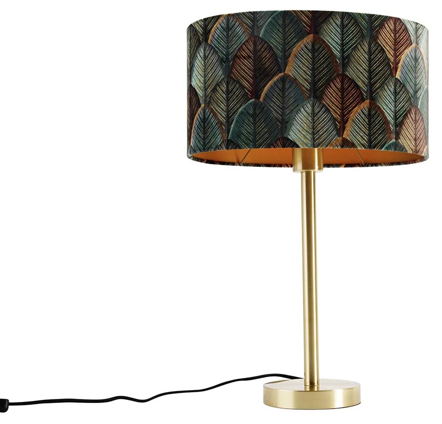 Candeeiro de Mesa Latão com Abajur Oval de Veludo Design de Folhas 35cm - Simplo