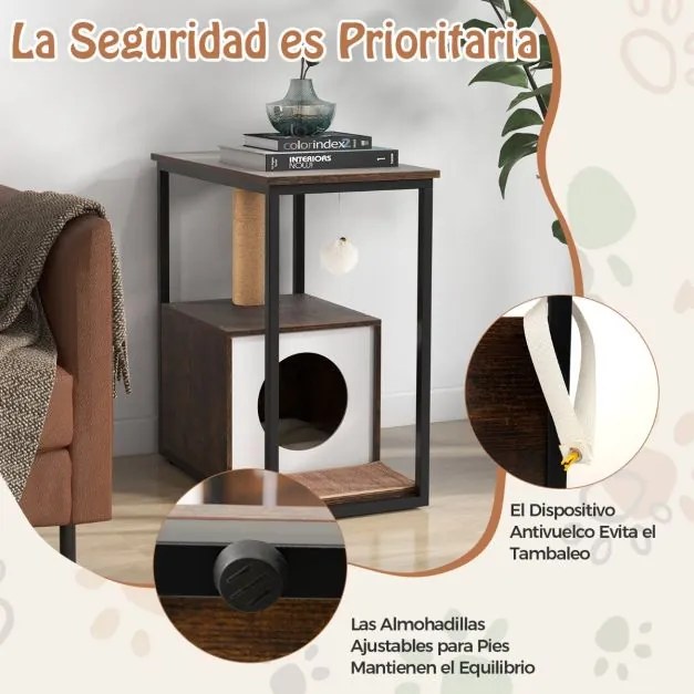 Mesa de apoio com arranhador e Casa do gato Tapete de arranhar amovível Brinquedo de bola Castanho