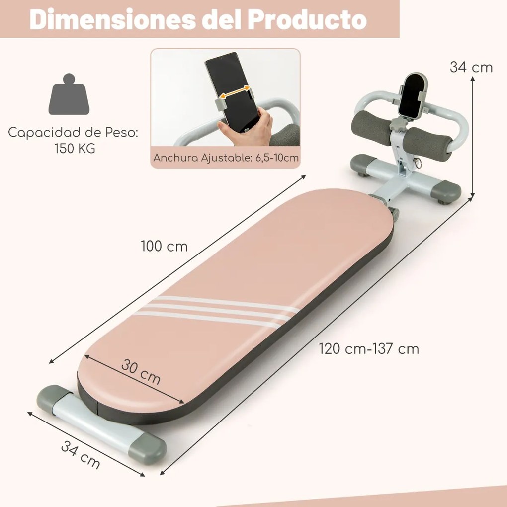 Banco abdominal multifuncional  de exercícios dobrável com 3 ângulos e comprimento ajustáveis para ginástica doméstica Carga 150 kg Rosa